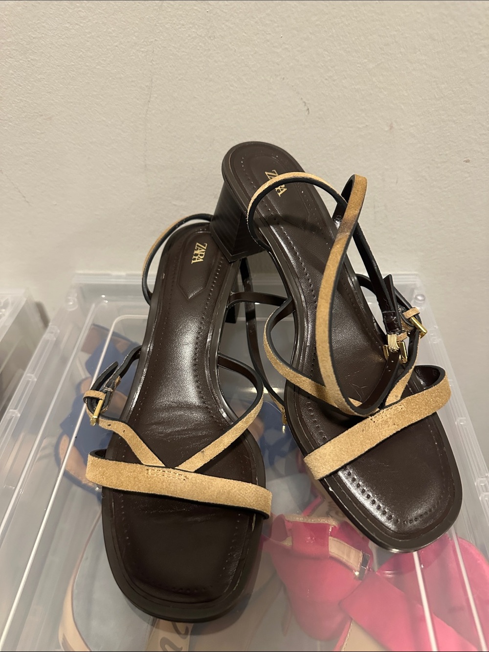 Zara Black and Tan Strappy Block Heel Sandals